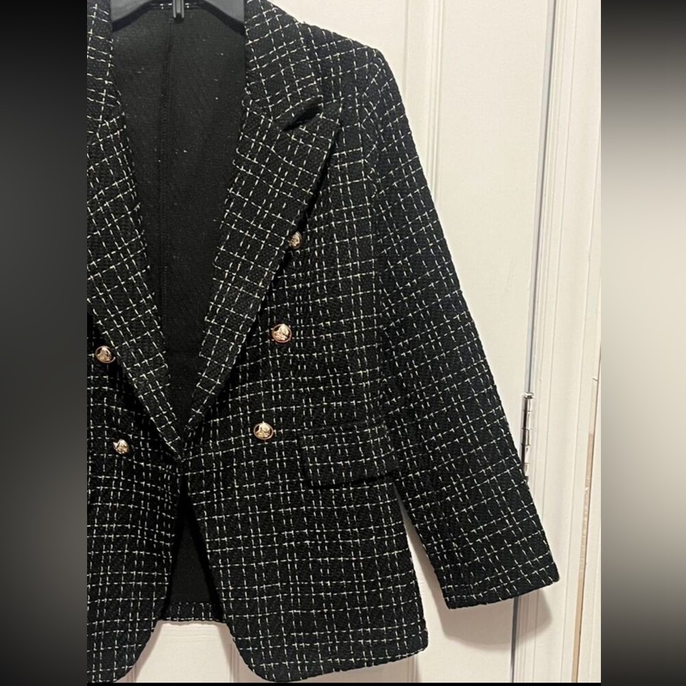 Classic Tweed Double Breasted Black Blazer Jacket Long Sleeve - Picture 9 of 9